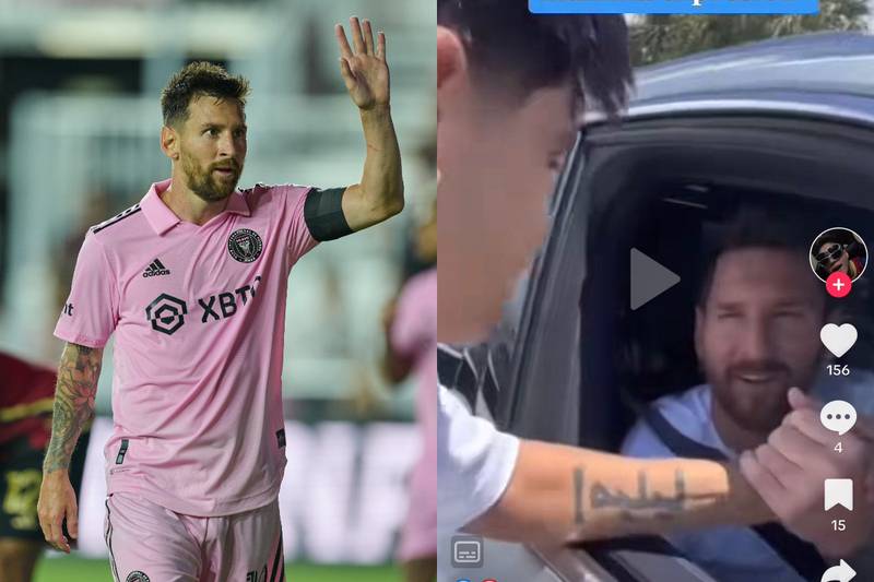 Lionel Messi saluda y le da un beso a un aficionado.