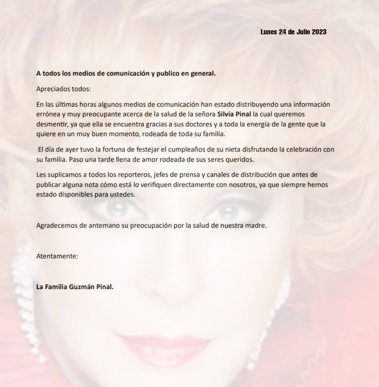 Familia de Silvia Pinal emite comunicado respecto a la salud de la actriz