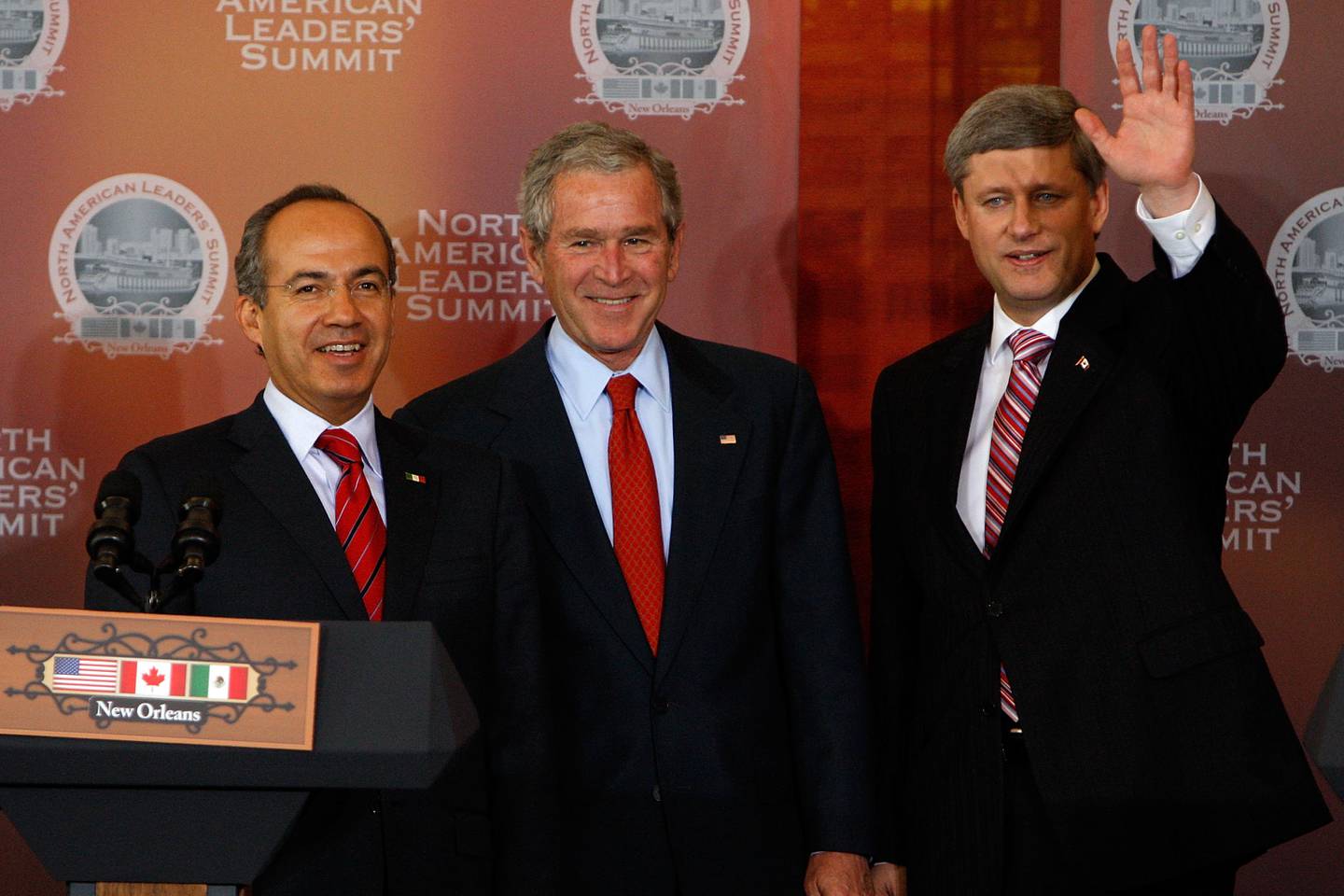 New Orleans - April 22: (L) President Of Mexico Felipe Calderon, President Of The United States George W. Bush And Prime Minister Of Canada Stephen Harper During A Press Conference During The North American Leaders' Summit At Gallier Hall On April 22, 2008 Together After New Orleans, Louisiana.  The Three Met To Discuss Trade Agreements In North America And Around The World.  (Photo By Chris Grethen / Getty Images)