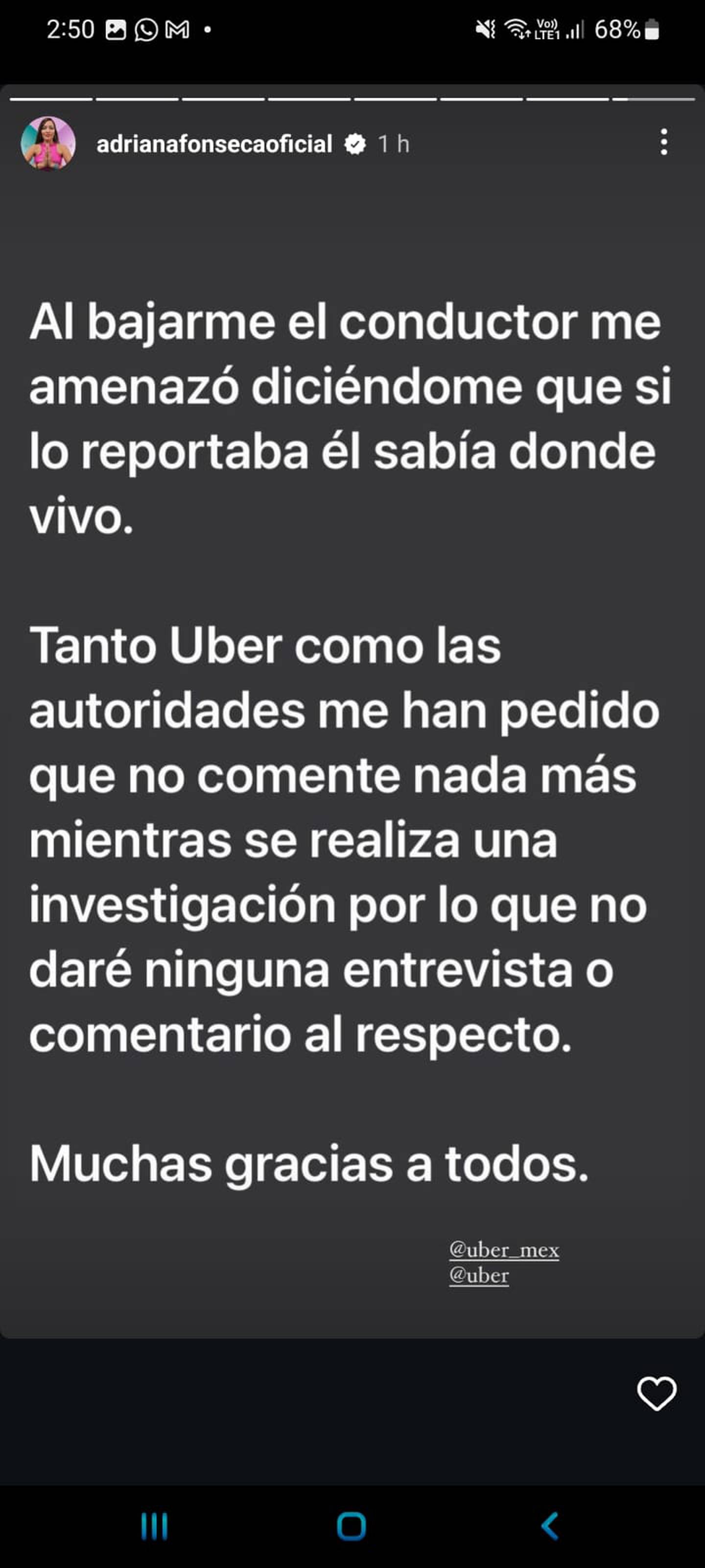 Adriana Fonseca lanza comunicado tras agresión de chofer de Uber