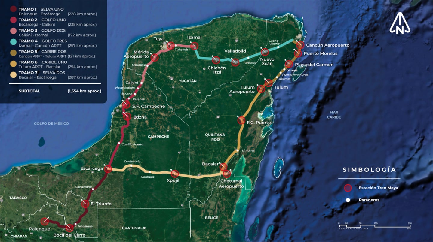 Estos son los siete tramos que conforman el diseño actual del recorrido del Tren Maya.