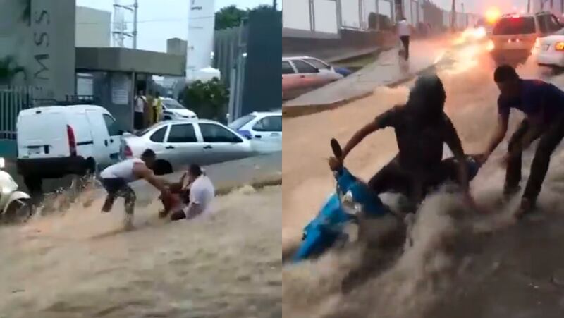 La intensa tormenta arrastró personas, vehículos y motocicletas.