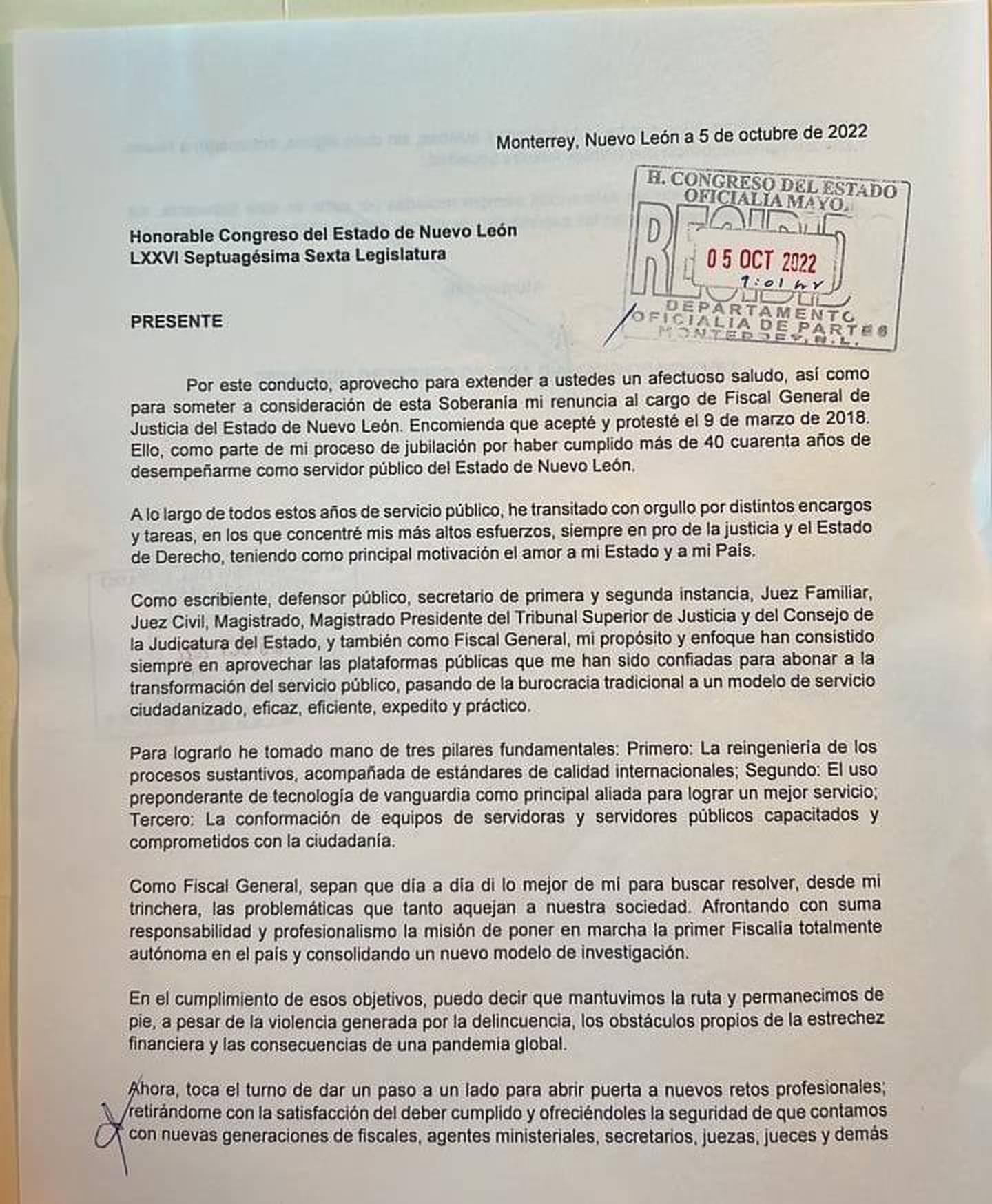 Este es el documento enviado por Guerrero al Congreso de NL.