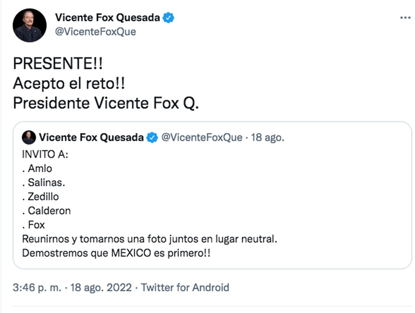 Mensaje de Vicente Fox.  El presidente comentó la invitación de Fox, publicada en redes sociales.