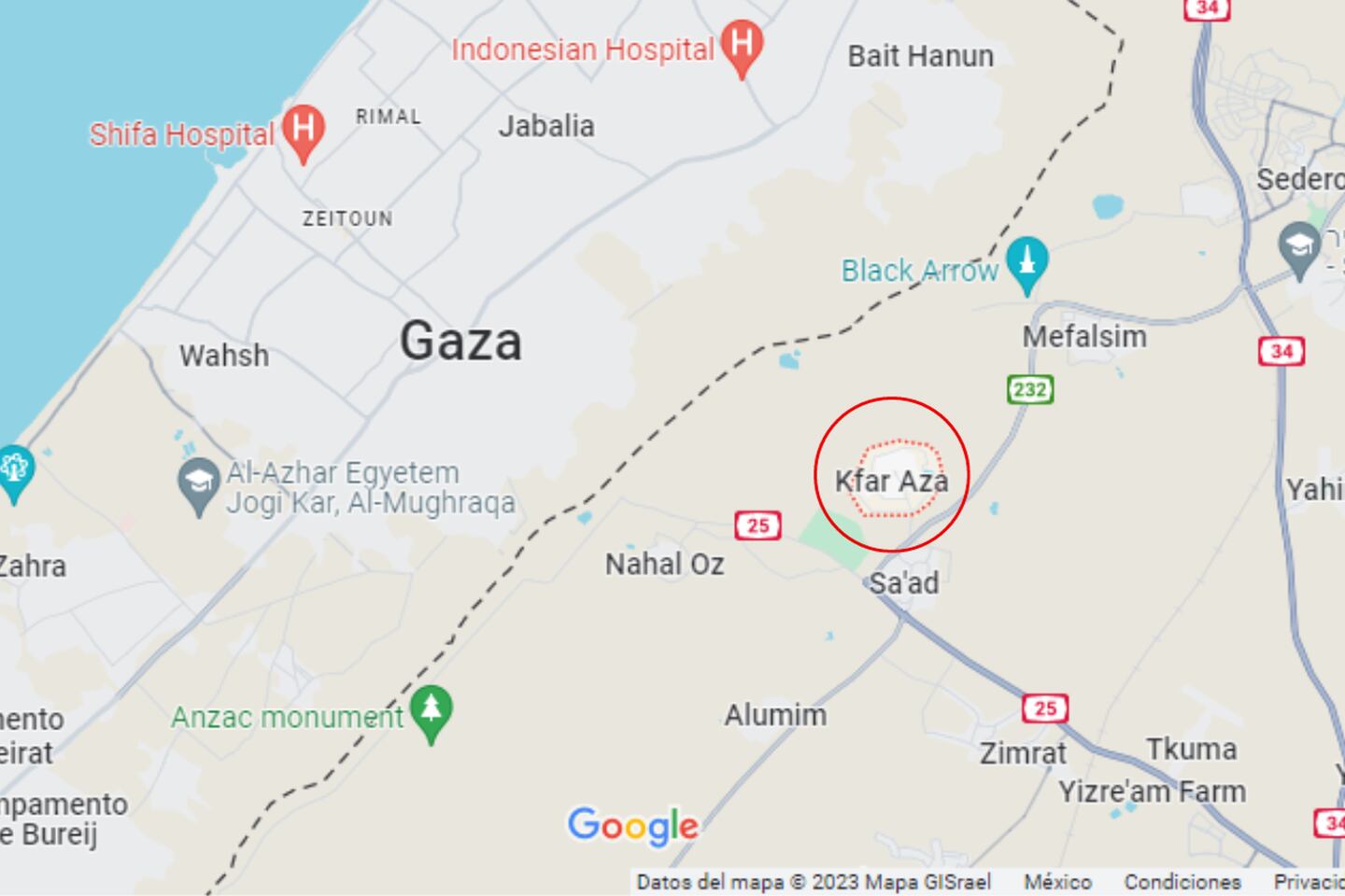 Ubicación del kibutz Kfar Aza