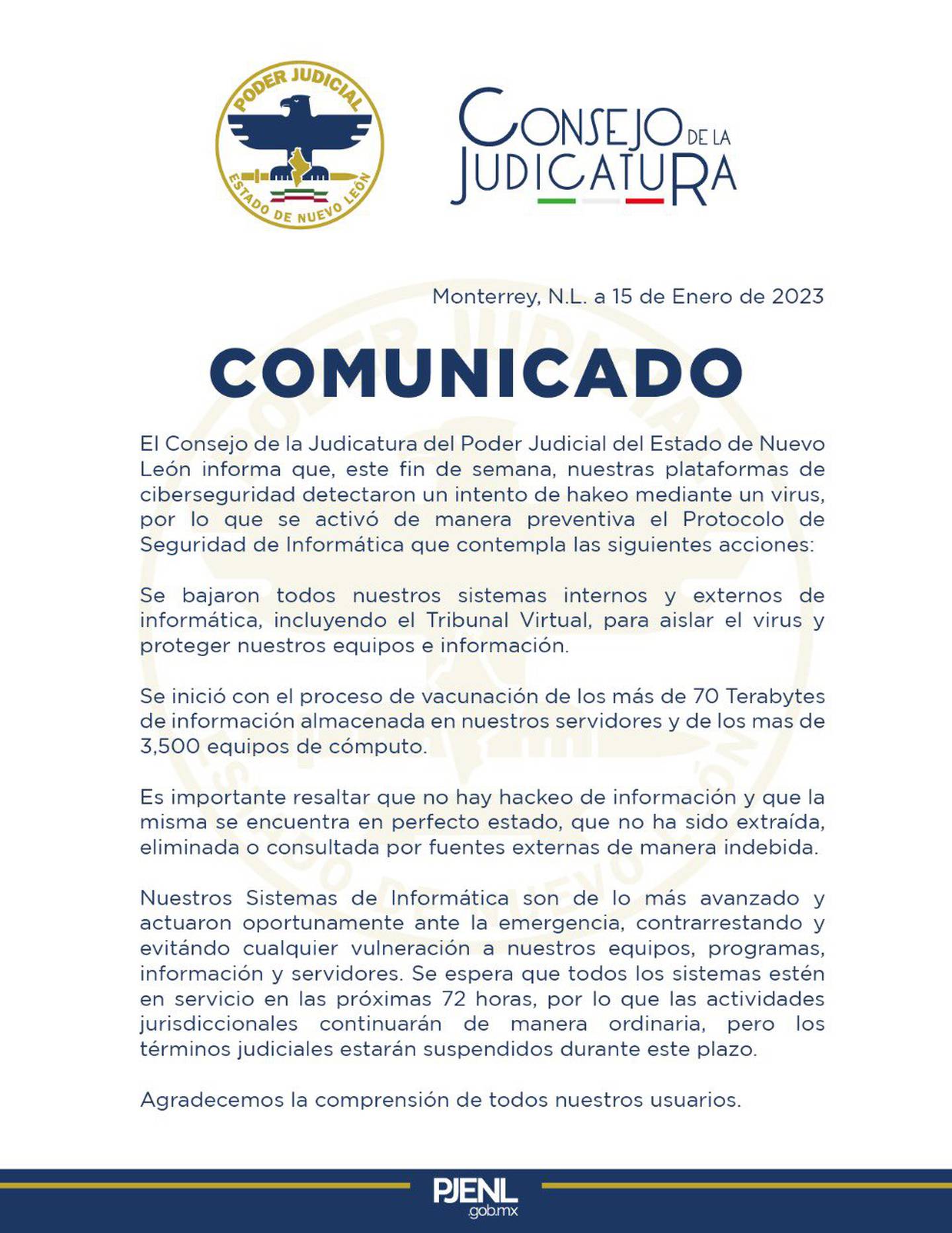 El Poder Judicial de Nuevo León emitió un comunicado para informar sobre el intento de hackeo.