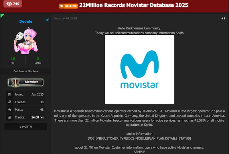 Movistar investiga una presunta filtración de 22 millones de registros, pero la base lleva circulando desde 2023 en Telegram.
