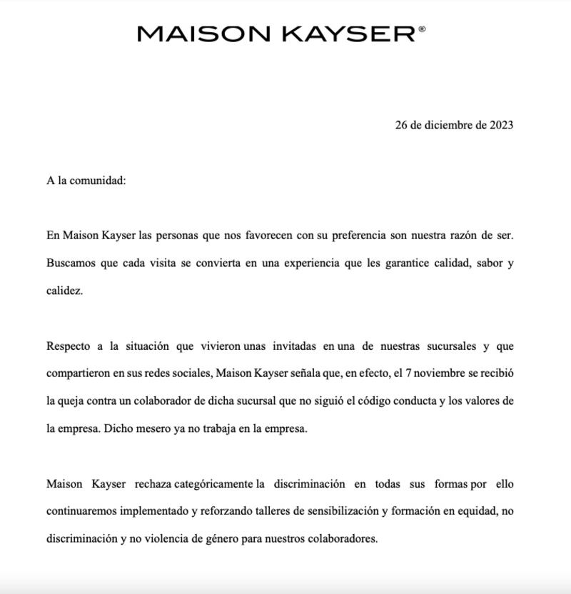 Comunicado de Maison Kayser.