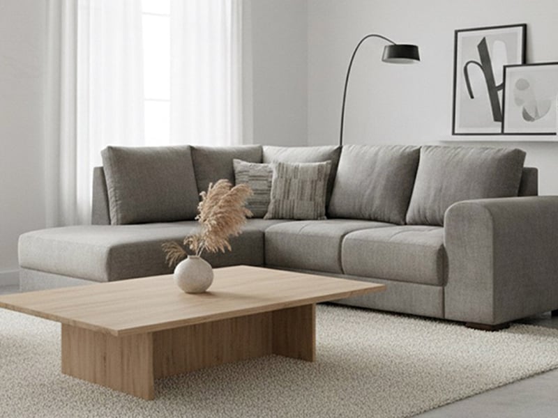 Sala moderna con sofá gris y mesa de centro como parte de las opciones de hogar disponibles durante el Hot Sale Sears 2026