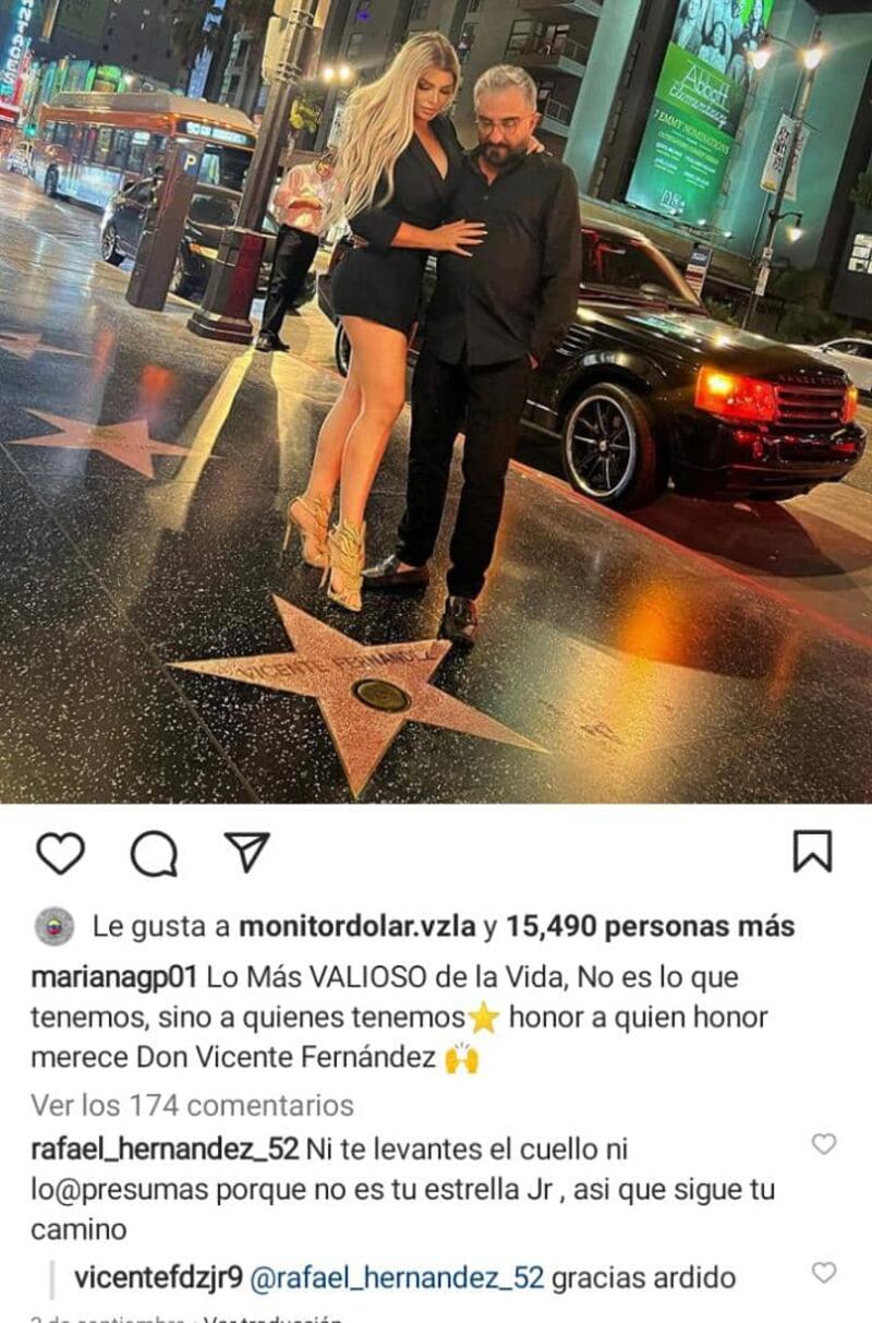 “Ardido”: Vicente Fernández Jr le responde a seguidor que criticó su foto junto a su novia en la estrella de la fama de ‘Chente’