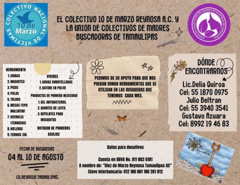 Colectivo 10 de Marzo Reynosa AC solicita ayuda económica (Colectivo 10 de Marzo Reynosa AC)