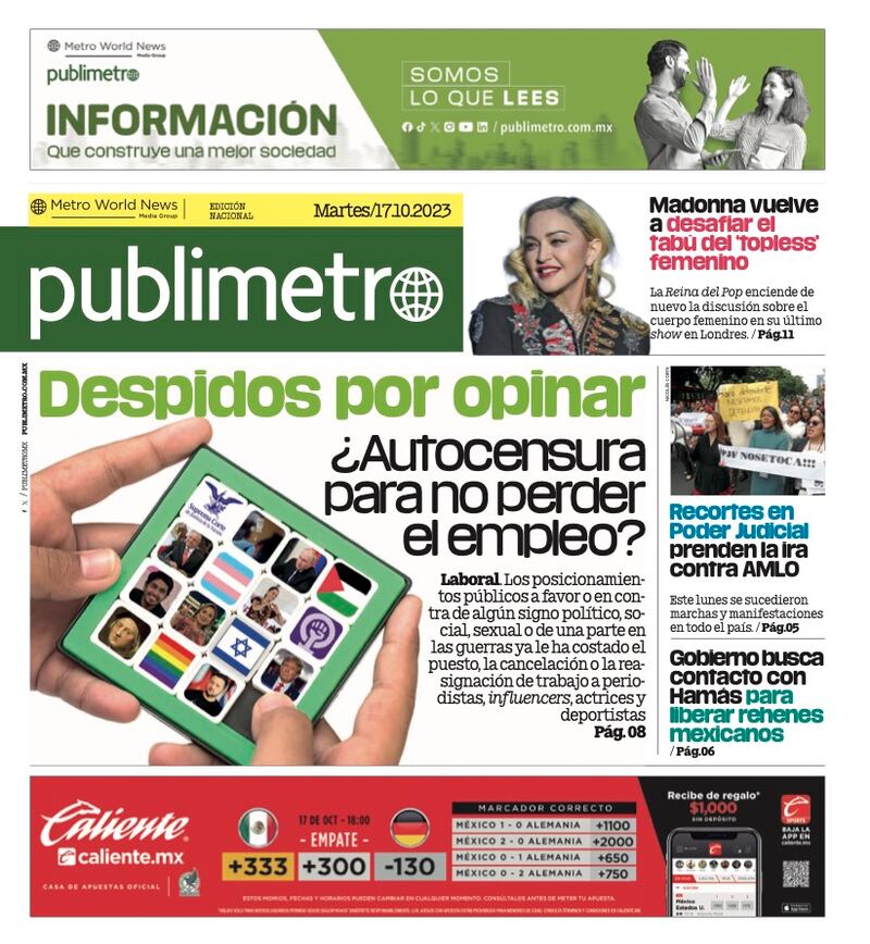 Esta es la portada de Publimetro de este 16 de octubre de 2023