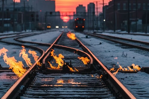 Fuego sobre las vías del tren sorprende a usuarios; así evitan fallas por el frío extremo
