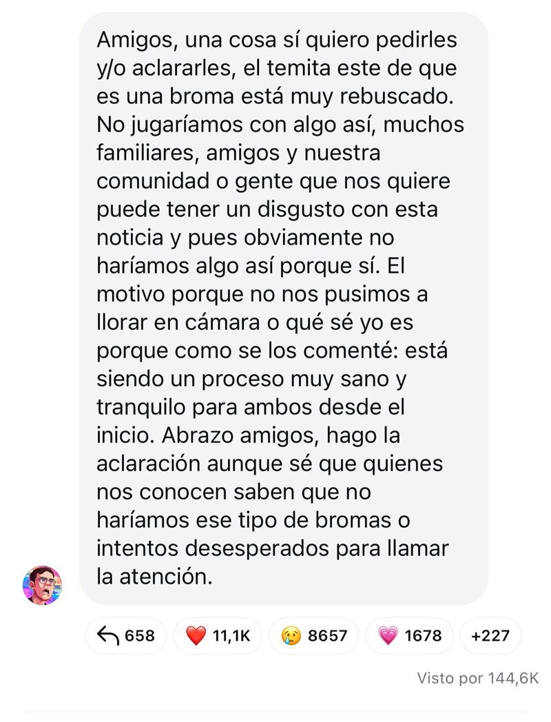Mensaje de Juan Guarnizo en su canal de difusión