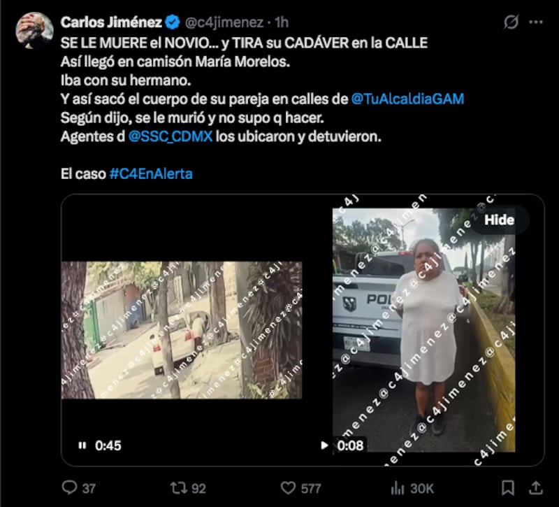 Publicación del periodista Carlos Jiménez en X