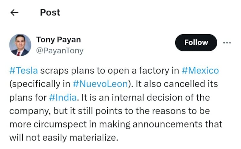 Tony Payan compartió este mensaje en X.