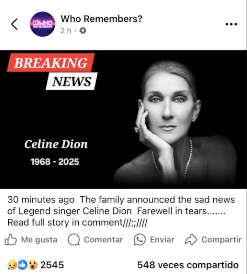 Noticia sobre la supuesta muerte de Céline Dion