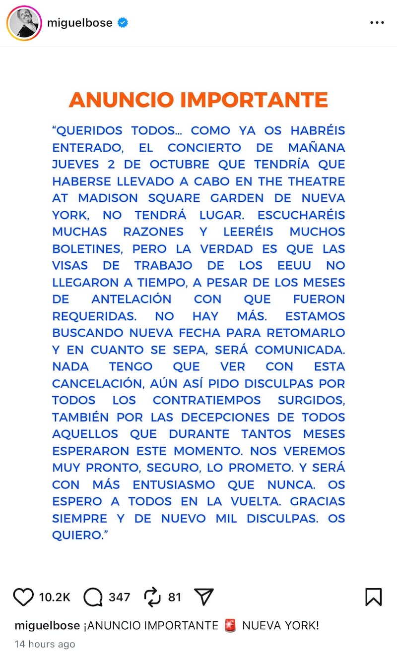 Así el cantante anunció la cancelación