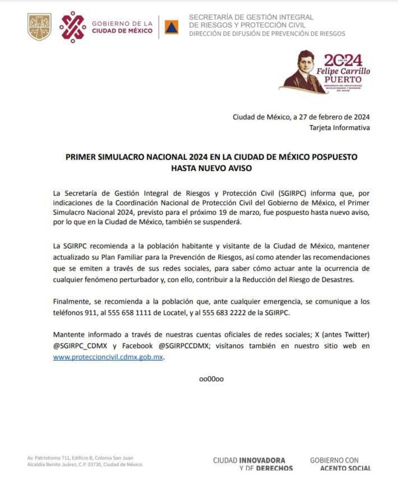 Simulacro Nacional 2024 suspende la actividad hasta nuevo aviso