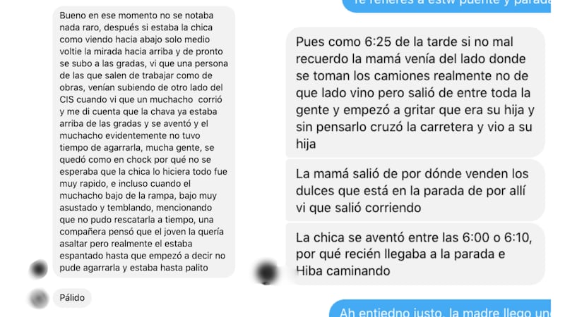 Mensajes de la testigo en el momento de que la joven se arrojara del puente