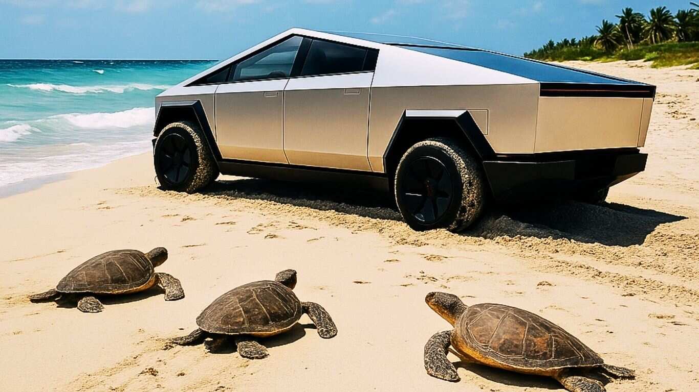 Turista mete su Cybertruck a playa de tortugas en Yucatán y termina atascado