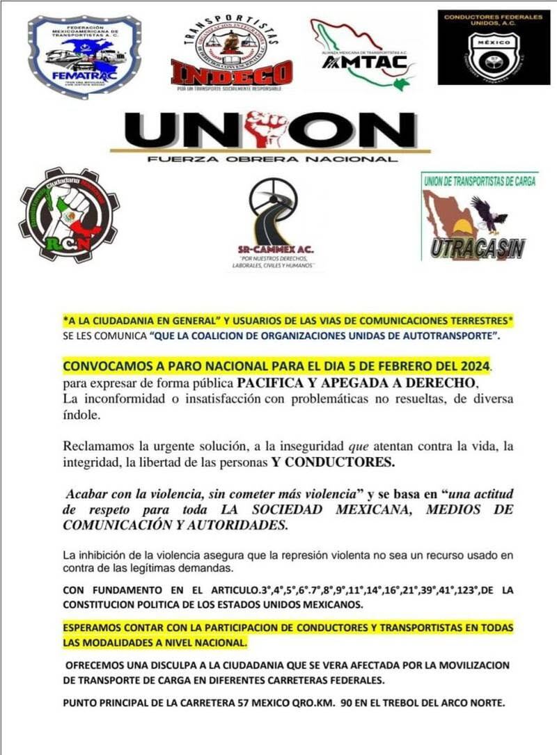 Transportistas amenazan con desquiciar todas las carrereras del país el 5 de febrero