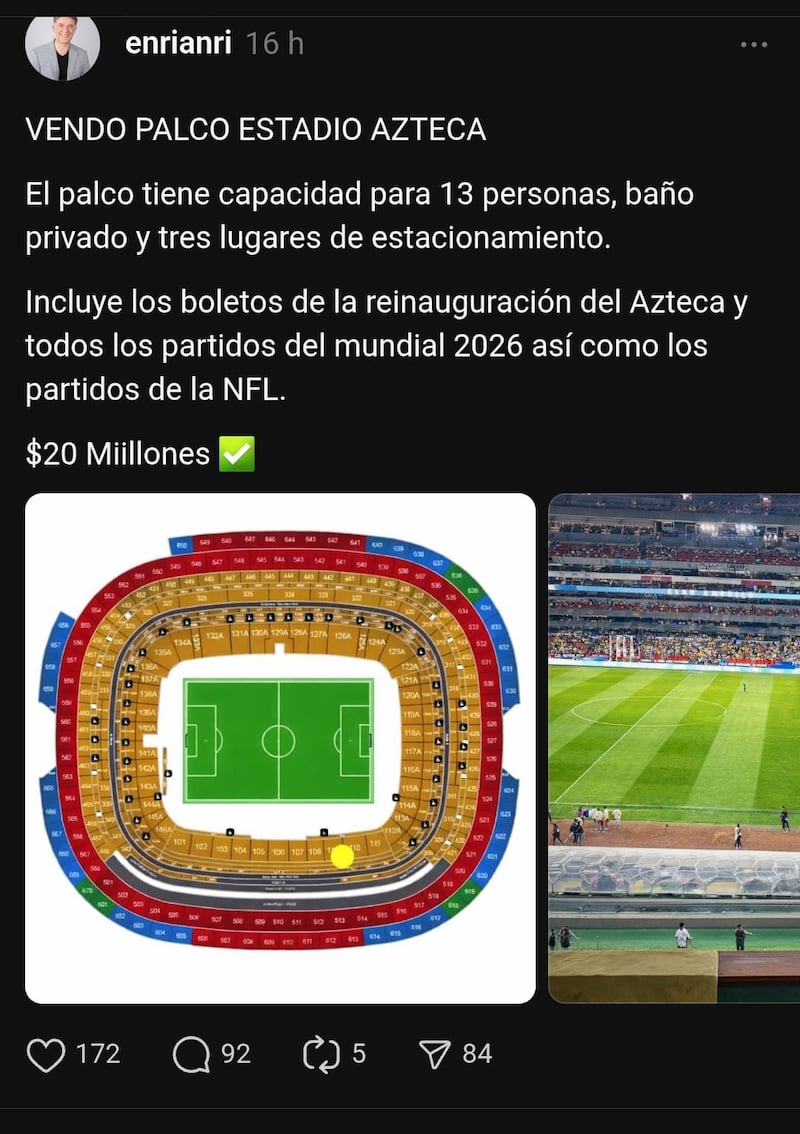 Palco en venta por 20 millones.