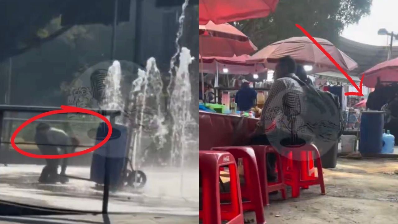 Captan a taquero tomando agua de fuente pública para su negocio