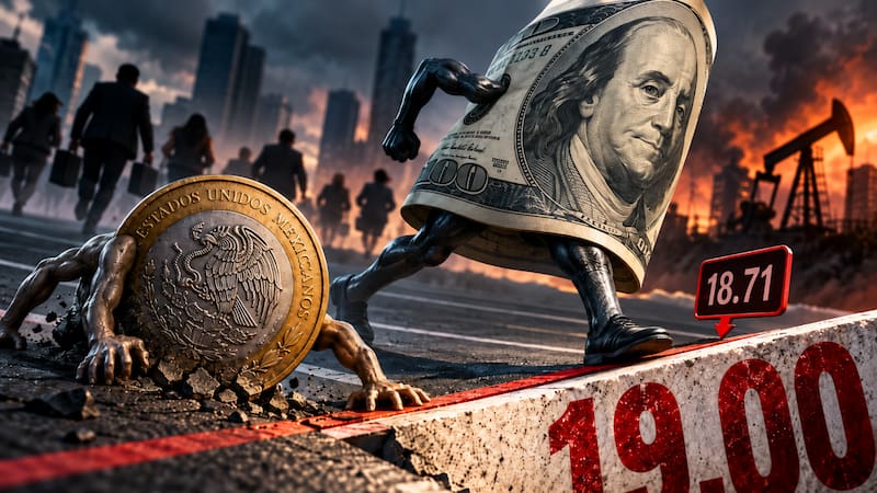 Dólar avanza frente al peso mexicano mientras el tipo de cambio cierra en 18.71 pesos y se acerca a 19.