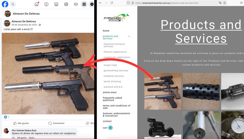 La estafa funciona con fotos robadas de internet, redes sociales y sitios internacionales para simular una armería real.