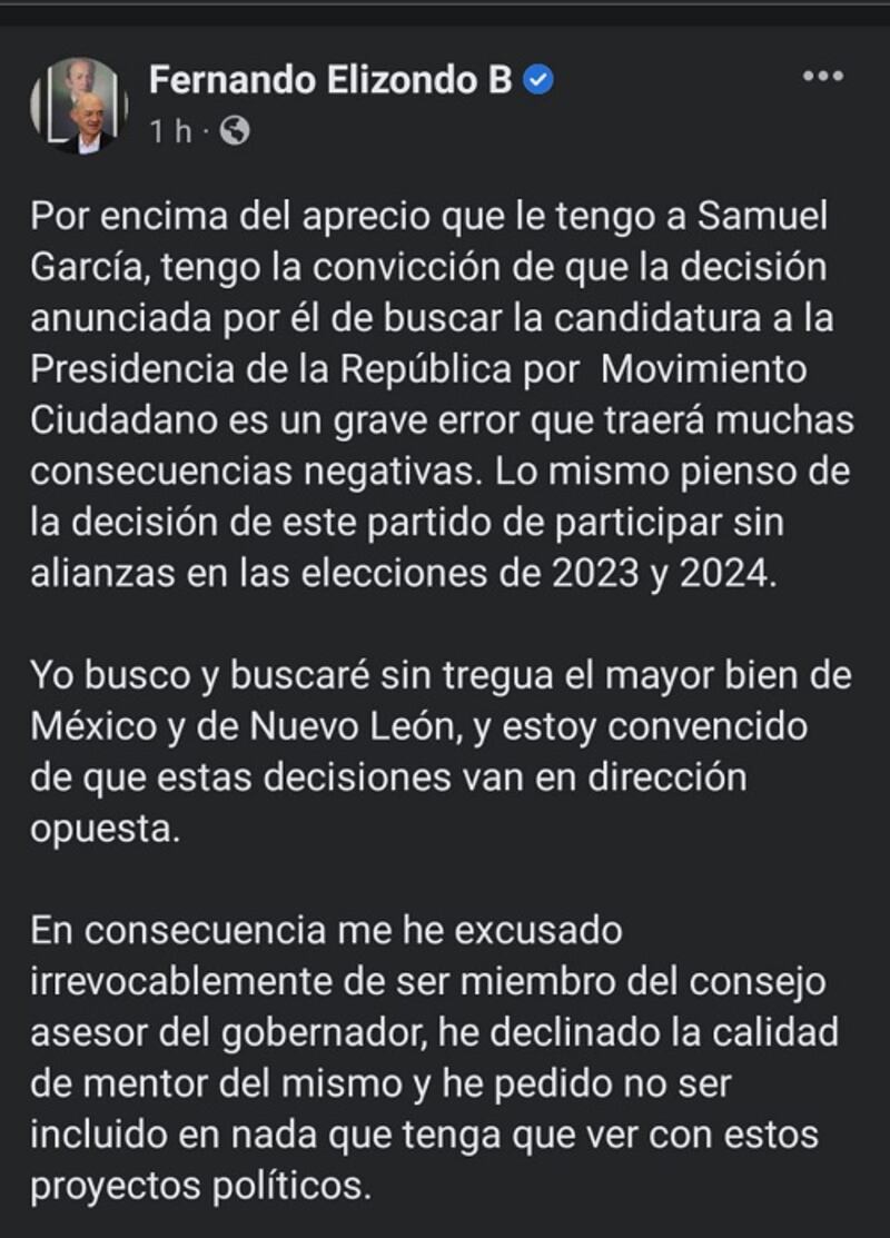 Este es el mensaje que Elizondo compartió en sus redes sociales.