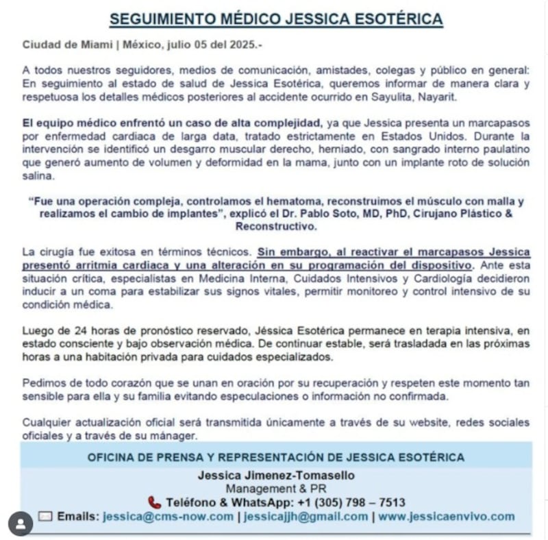 Comunicado sobre el estado de salud de Jessica Esotérica