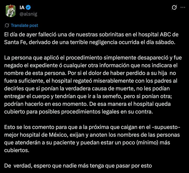 Denuncian negligencia en el Hospital ABC