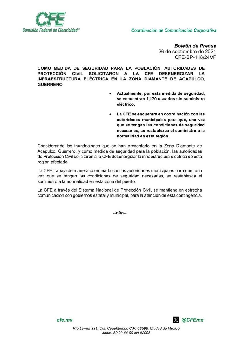 Comunicado CFE en Acapulco