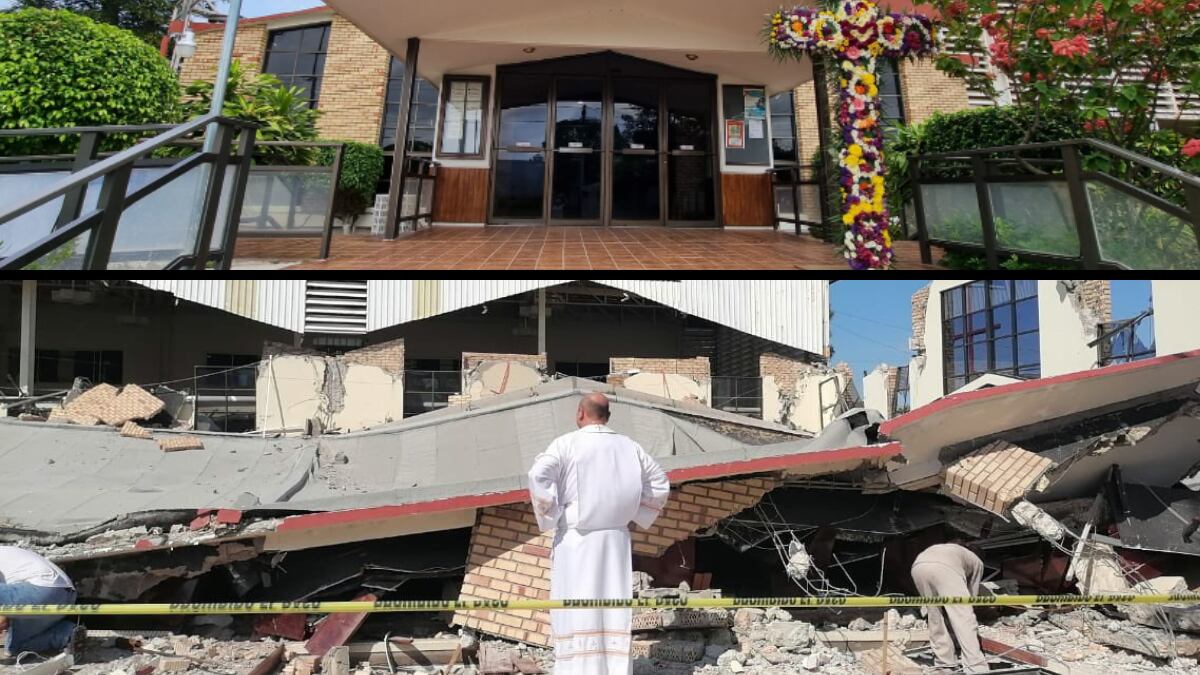 Derrumbe de la Parroquia de la Santa Cruz de Cd. Madero, antes y después.