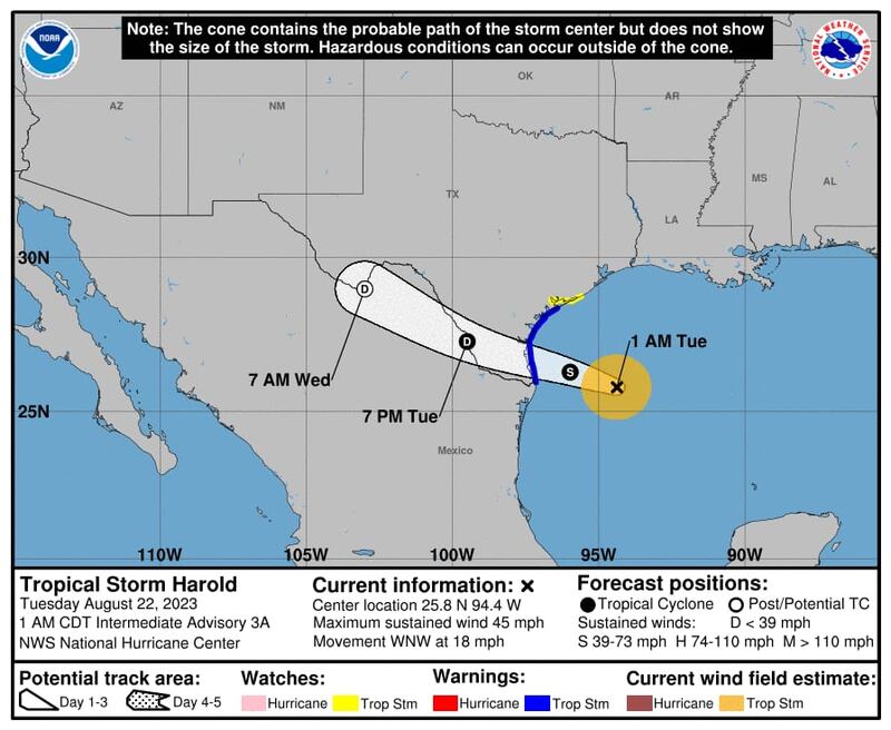 El Centro Nacional de Huracanes presenta esta imagen con la trayectoria de Harold hacia México.