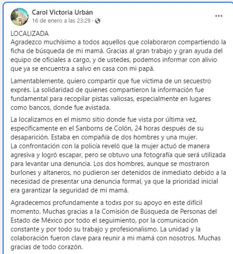 Carol dio gracias a los que colaboraron en su búsqueda