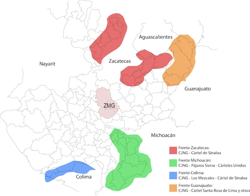Mapa de los frentes de lucha de los grupos delincuenciales.