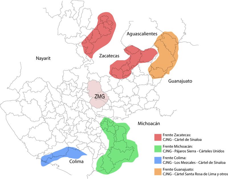 Mapa de los frentes de lucha de los grupos delincuenciales.