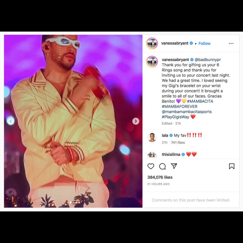 Vanessa Bryant agradeció el tributo por la canción 6 rings de Bad Bunny