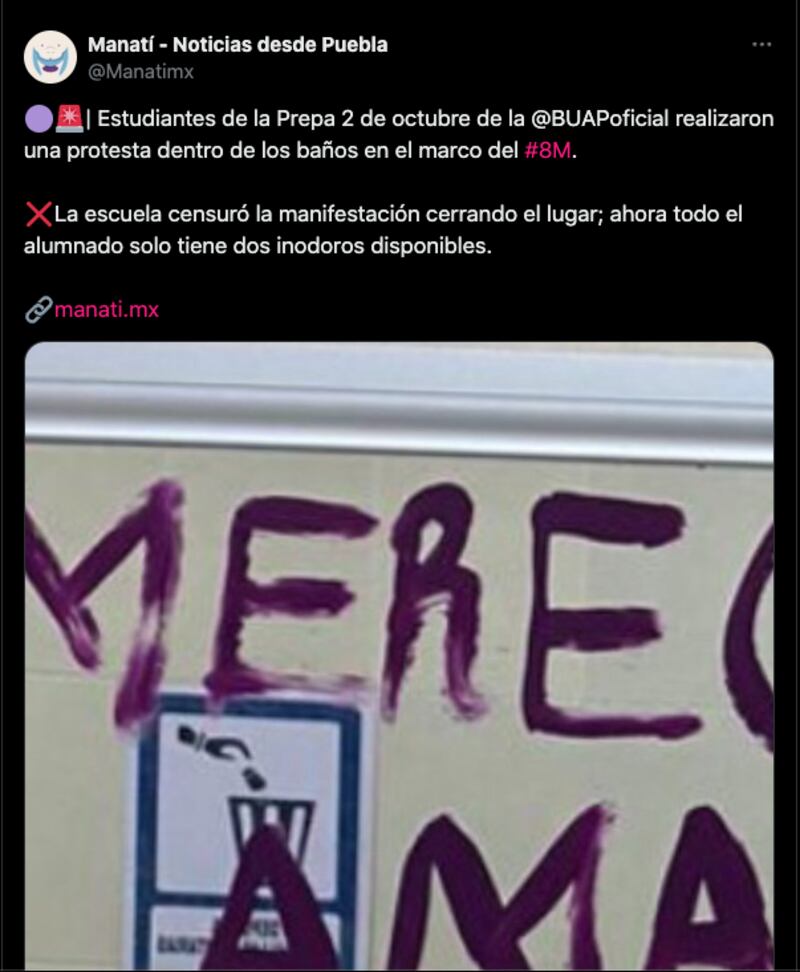 Preparatoria suspende uso de baños para alumnas tras manifestación por el 8M