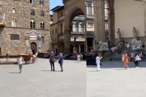 Caballo escapa en medio de plaza en Italia; acusan maltrato animal