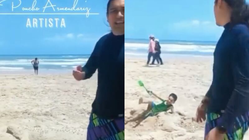 Luego de finalizar su obra el artista contaba a cámara el proceso de creación pero el pequeño le hizo pasar un mal rato
