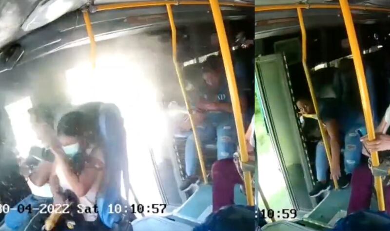 Pieza de camión sale volando, impacta autobús y noquea a pasajera
