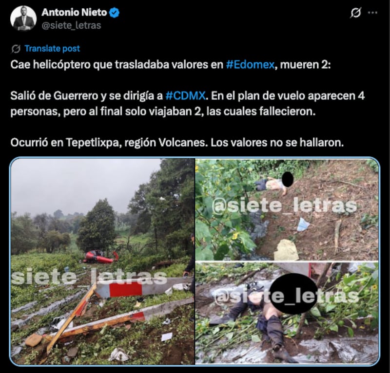 Fotos del helicóptero que cayó en el Edomex
