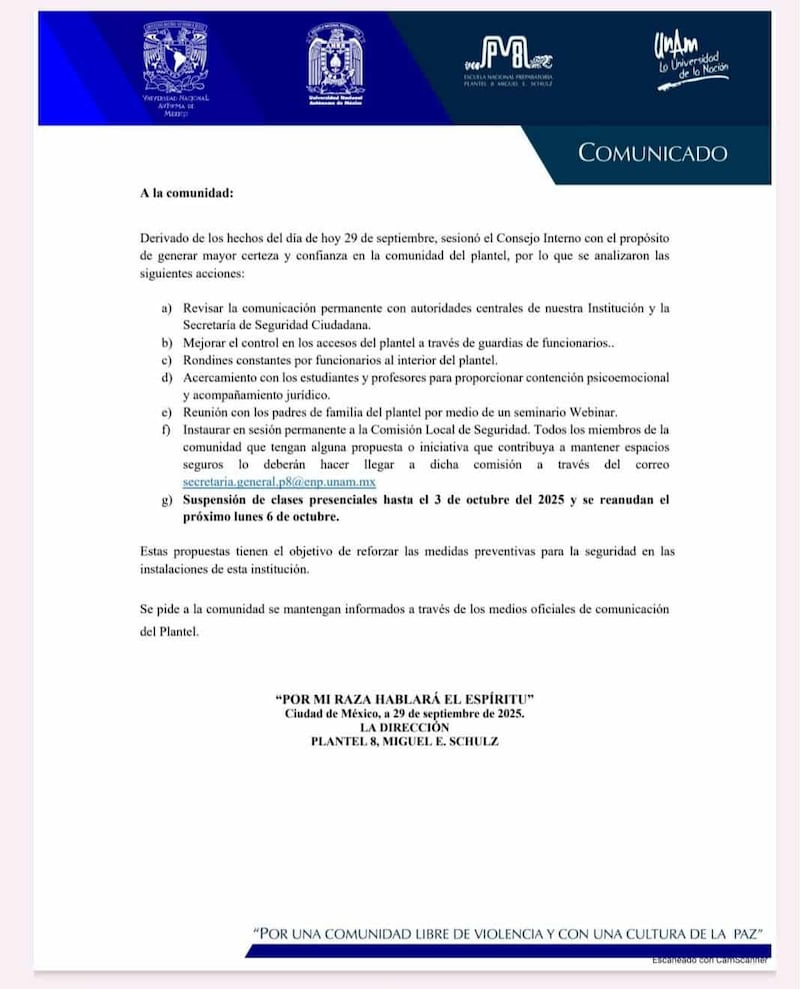 Comunicado de la Escuela Nacional Preparatoria (ENP) Número 8 “Miguel E. Schulz”