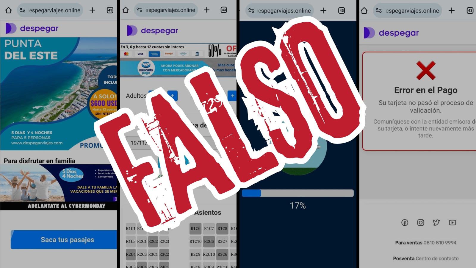 El sitio falso de Despegar no ajusta precios ni menciona aerolíneas específicas, lo que revela su intención fraudulenta.