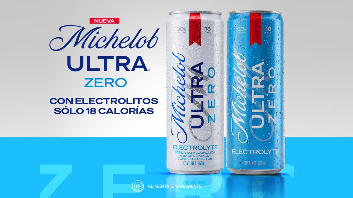 Latas de Michelob Ultra Zero, la nueva bebida sin alcohol con electrolitos y sólo 18 calorías presentada en México rumbo a la Copa Mundial