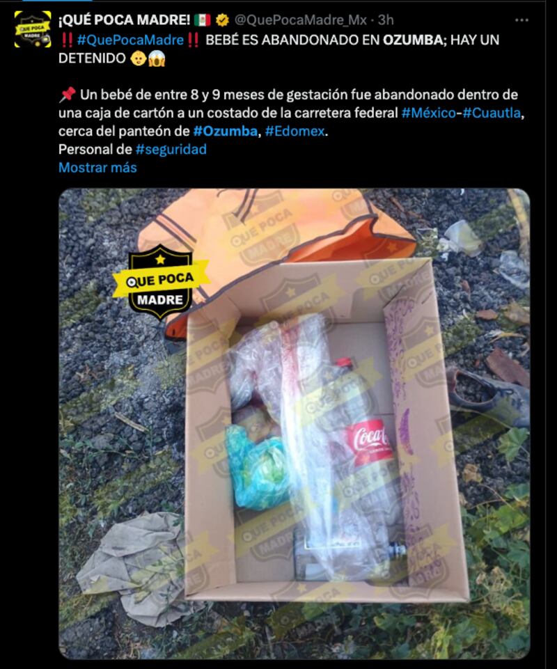 Abandonan cadáver de bebé en Ozumba, Estado de México