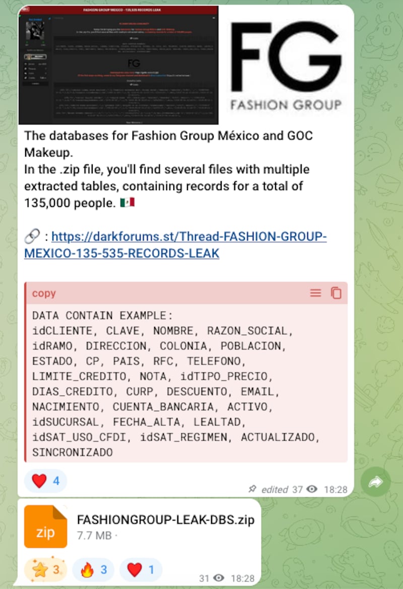 La filtración también se publicó en canales de Telegram.